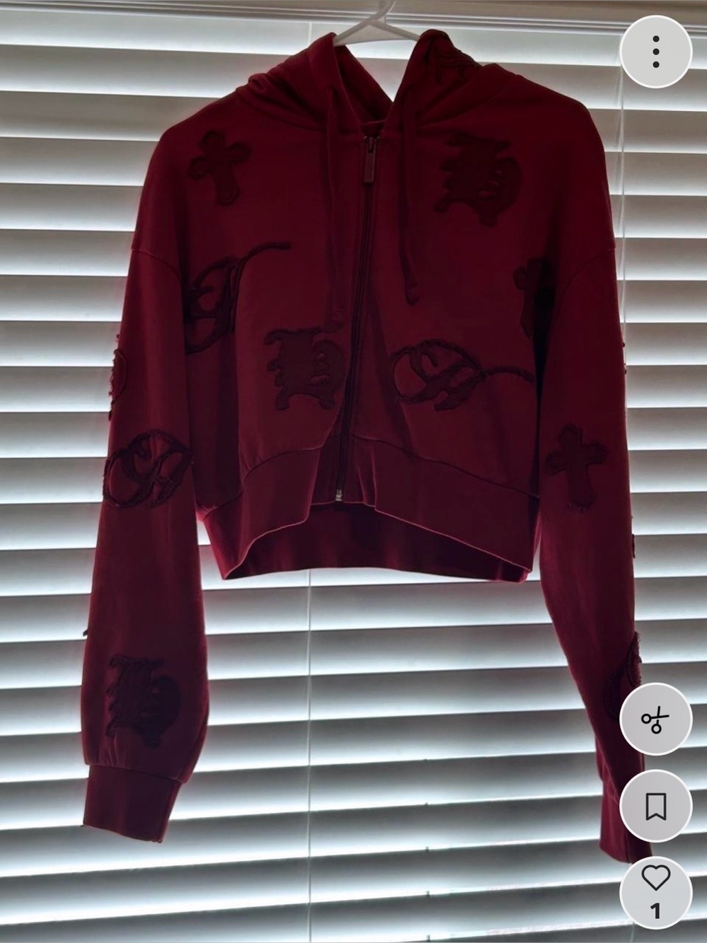Cropped Burgundy Zip Hoodie with Embroidered Gothic Accents